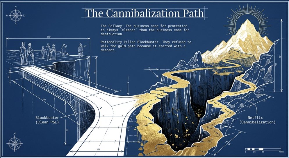 Infographic titled The Cannibalization Path: a clean road beside a descent into a golden canyon, a clean P&L versus deliberate cannibalization.