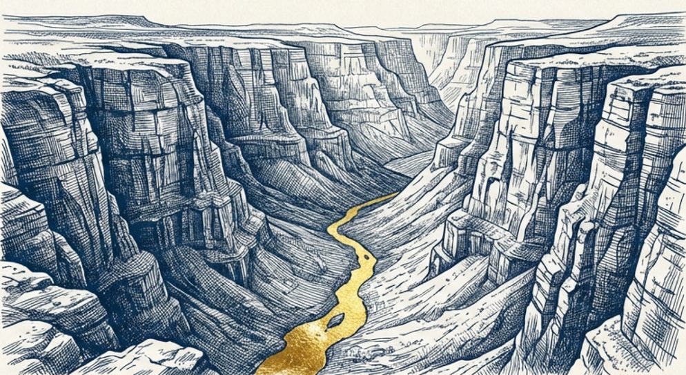 Illustration: a deep canyon carved by a thin golden river.