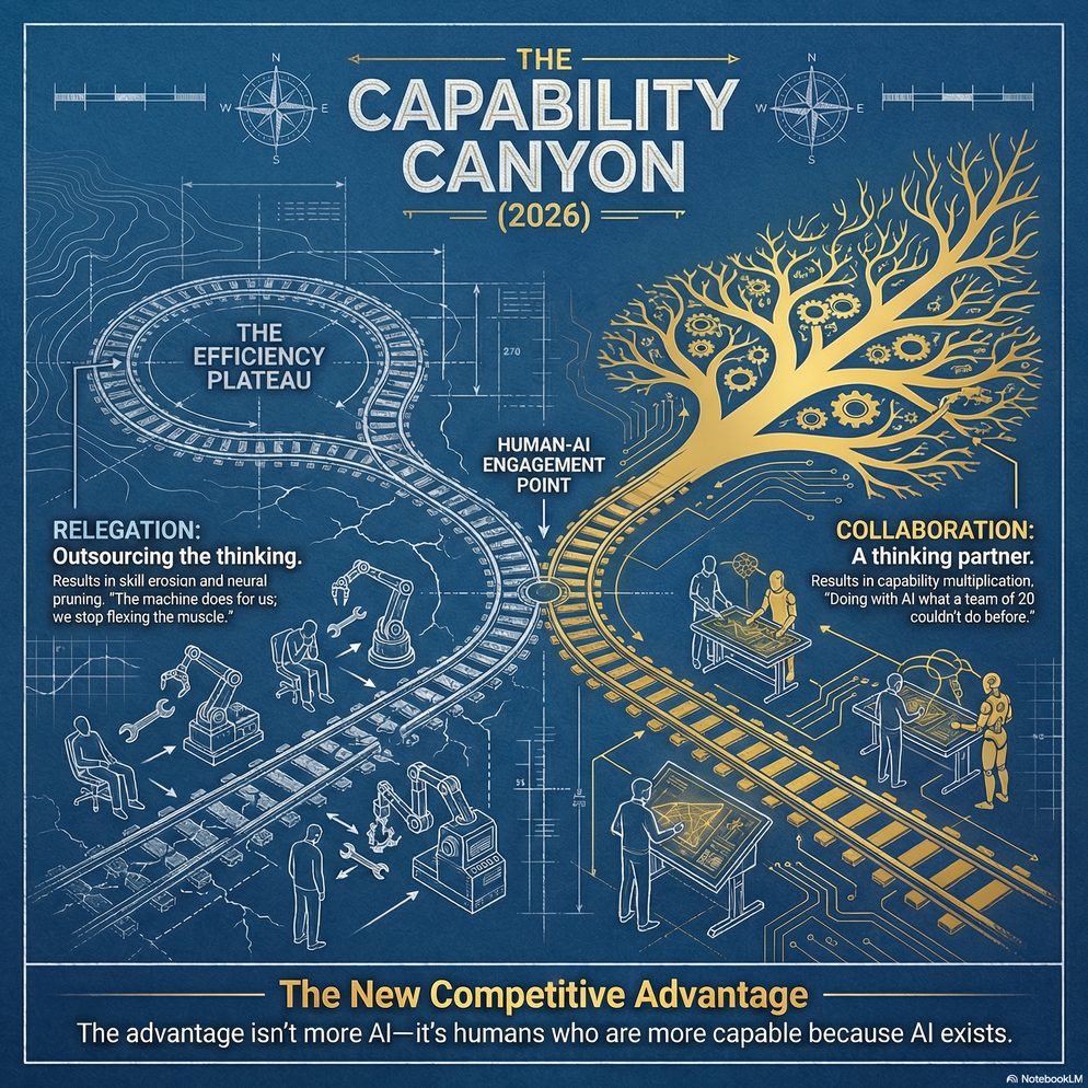 Infographic titled The Capability Canyon: a railway splitting at the human-AI engagement point toward relegation or collaboration.