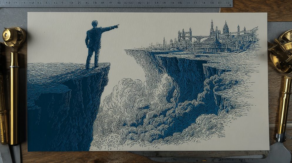 Illustration: A CEO standing at the edge of a vast canyon.