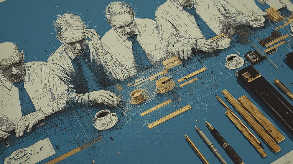 Illustration: A chaotic boardroom scene where every surface is covered.