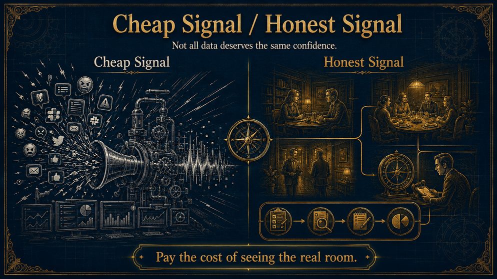 Infographic titled Cheap Signal, Honest Signal: a megaphone set against a table of people, pay the cost of seeing the real room.