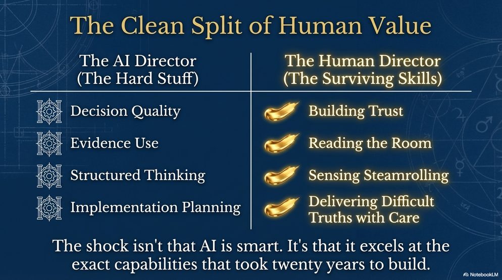 Infographic titled The Clean Split of Human Value: the AI director takes the hard stuff while the human director keeps building trust, reading the room, and delivering difficult truths.