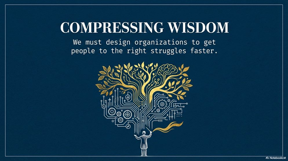Infographic titled Compressing Wisdom: a tree of circuitry, on designing organizations that get people to the right struggles faster.