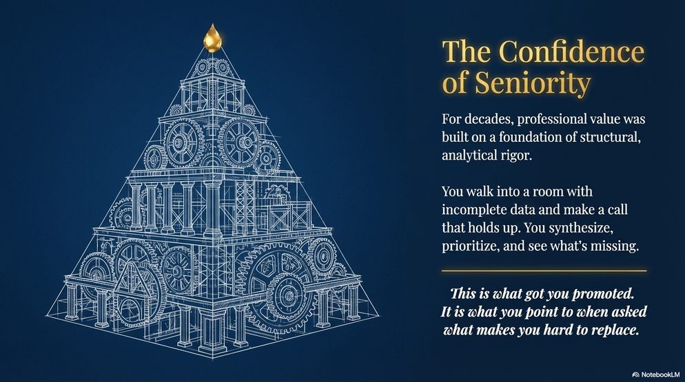 Infographic titled The Confidence of Seniority: a pyramid of structural and analytical rigor topped by a golden flame.