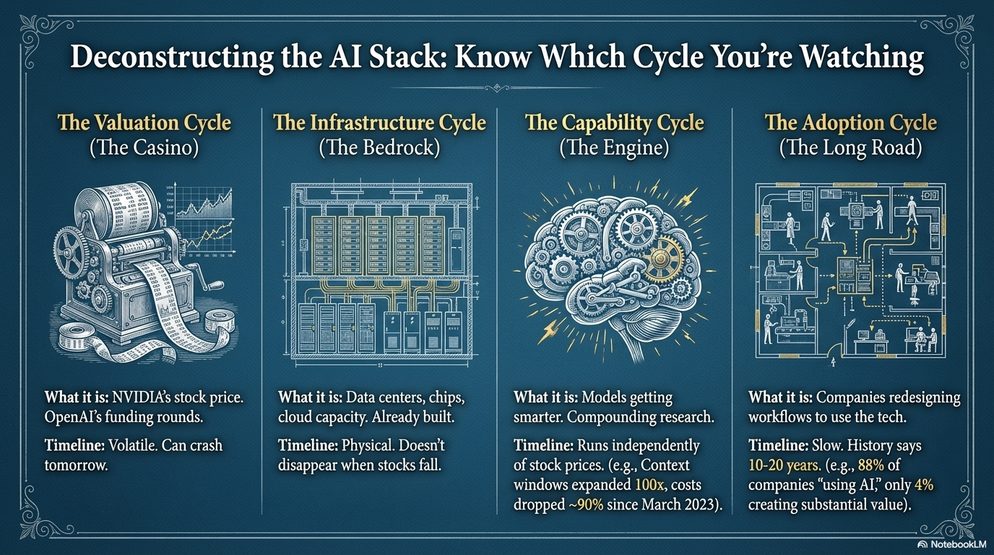 Infographic titled Deconstructing the AI Stack: the valuation, infrastructure, capability, and adoption cycles side by side.