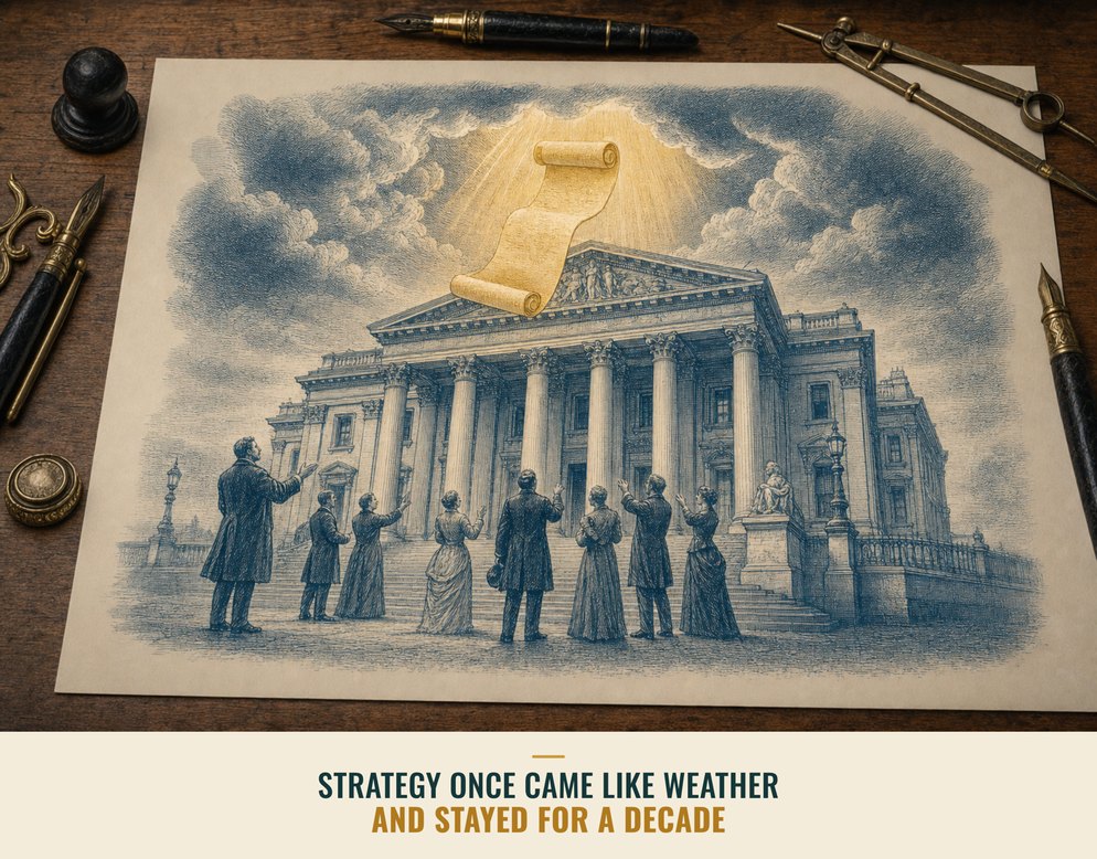 Illustration: A small crowd in period dress on the steps of a grand columned building, reaching up toward a glowing golden scroll descending from the clouds. Captioned: Strategy once came like weather, and stayed for a decade.