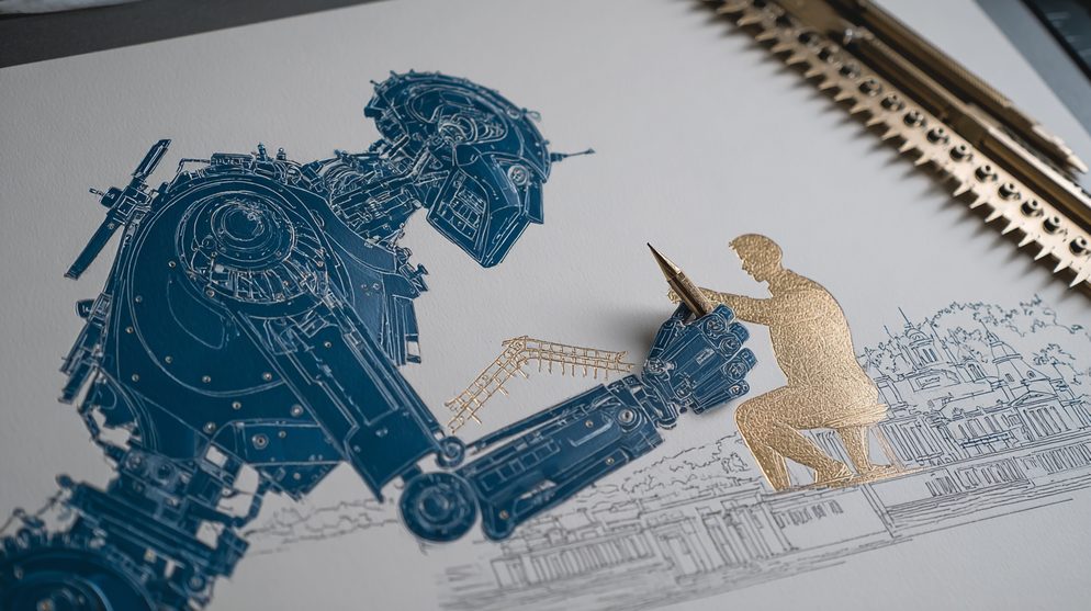 Illustration: A deep blue robot efficiently executing instructions.