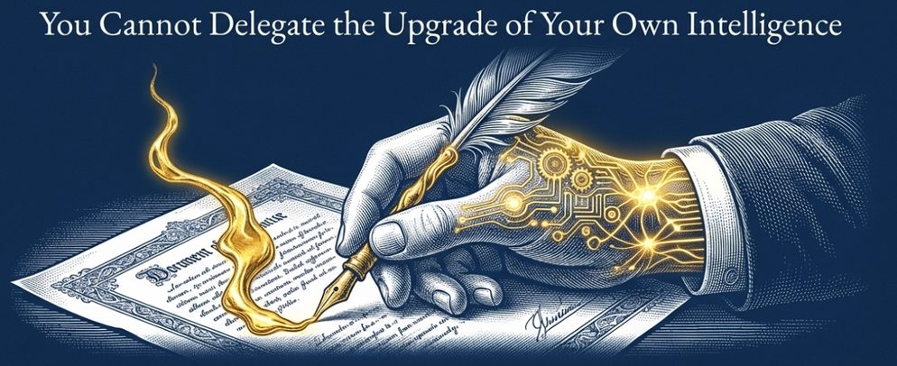 Illustration titled You Cannot Delegate the Upgrade of Your Own Intelligence: a mechanical hand writing with golden ink.