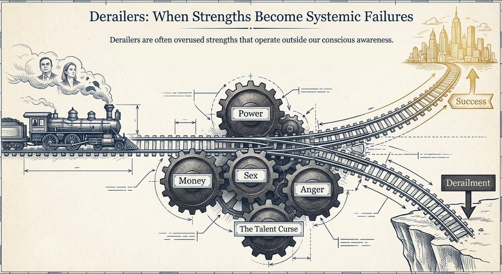 Infographic titled Derailers: a locomotive driven by gears of power, money, and anger running toward derailment when strengths operate outside awareness.