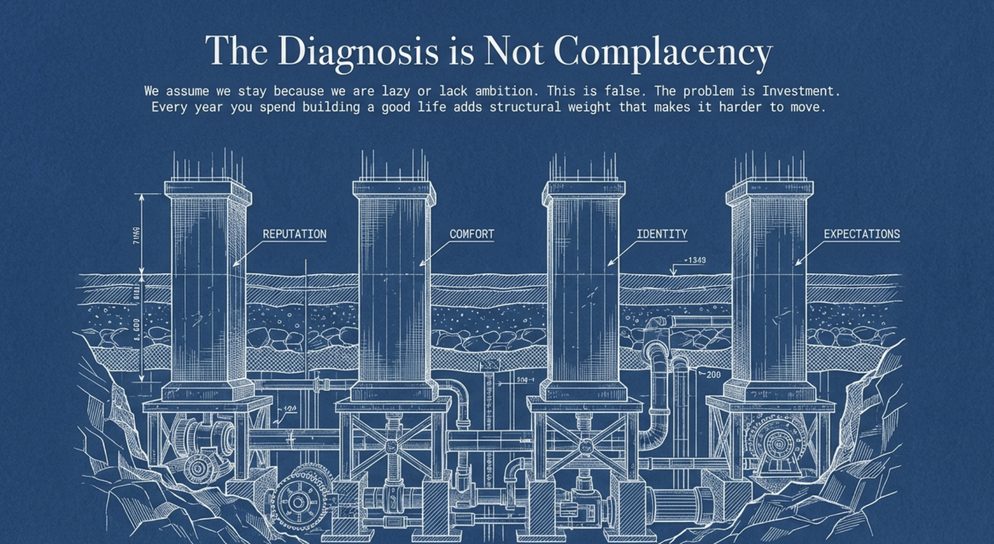 Infographic titled The Diagnosis Is Not Complacency: pillars labeled reputation, comfort, identity, and expectations holding up a structure.