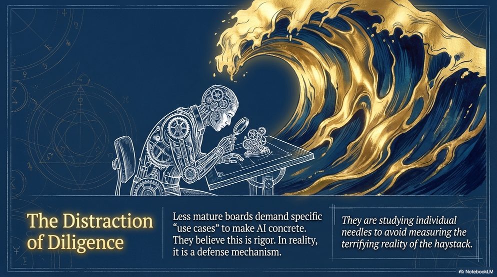 Infographic titled The Distraction of Diligence: a golden wave crashing over a mechanical scribe, on boards demanding specific use cases as a defense mechanism.