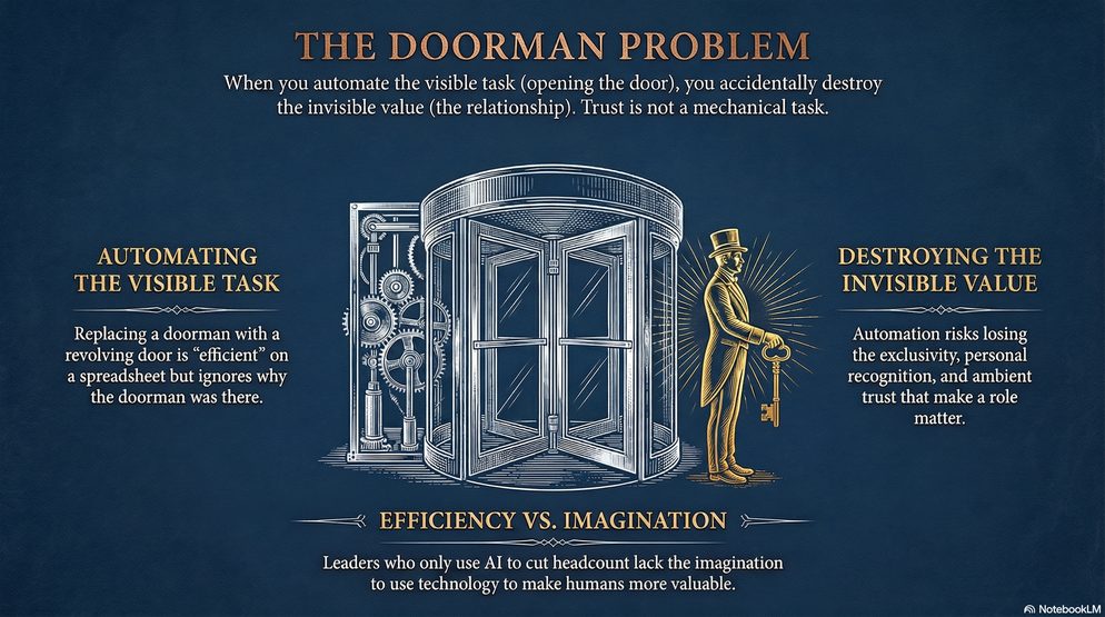 Infographic titled The Doorman Problem: automating the visible task while destroying the invisible value of the relationship.