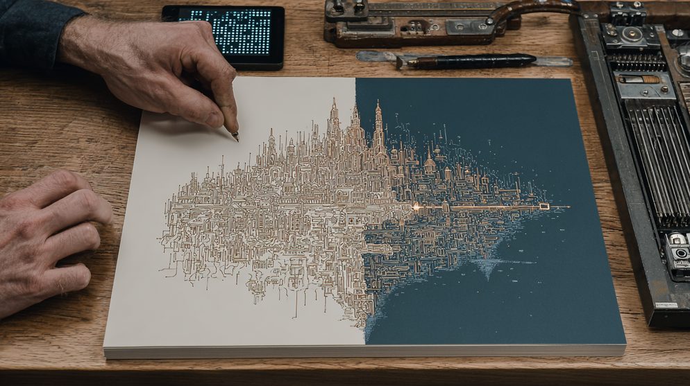 Illustration: A dramatic scene split between two worlds.