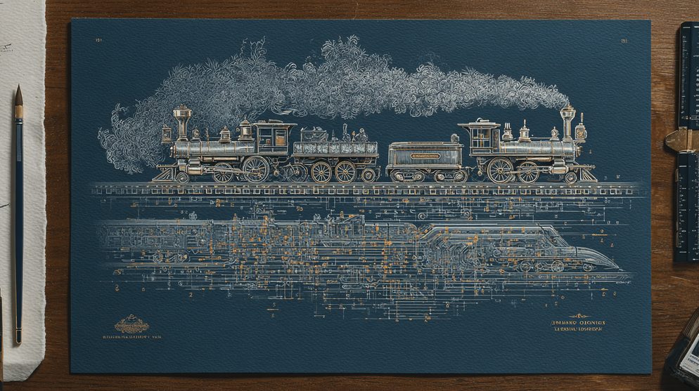 Illustration: A dramatic split showing an antique steam locomotive.