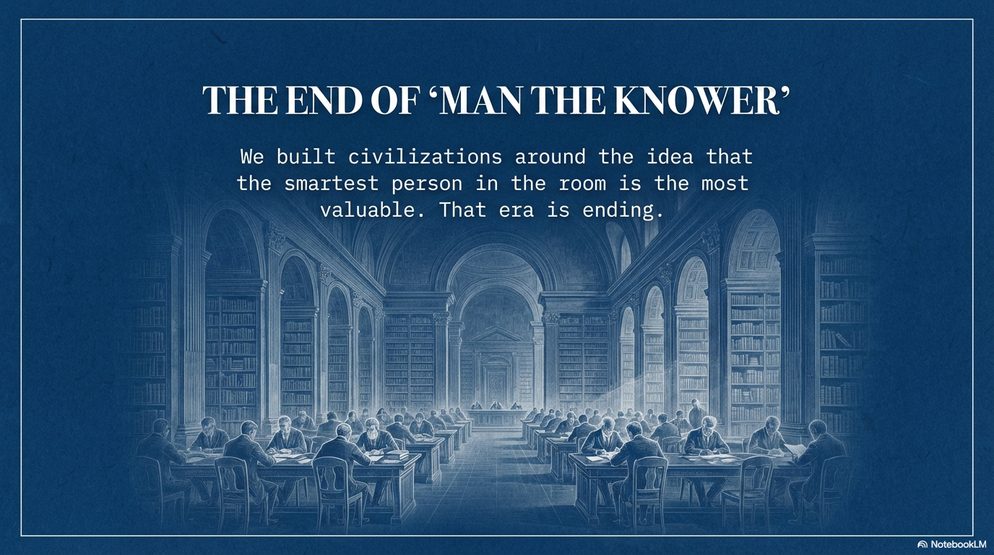 Infographic titled The End of Man the Knower: civilizations were built around the smartest person in the room, and that era is ending.