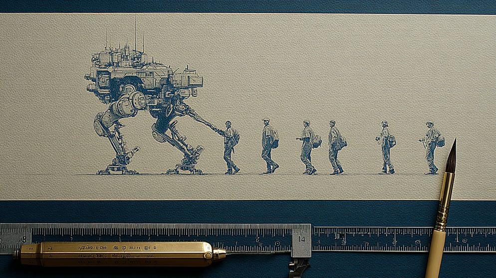 Illustration: An executive proudly handing out identical chatbots.