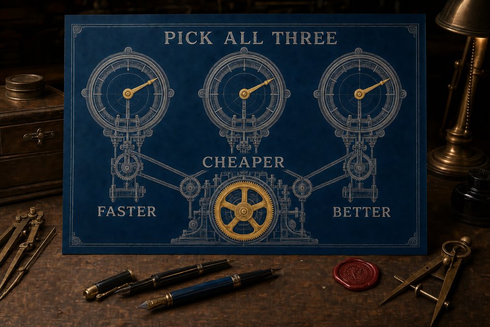 Illustration: An engraved navy blueprint plate of three gauges driven by a single central golden gear, labelled Faster, Cheaper, Better, headed Pick All Three.