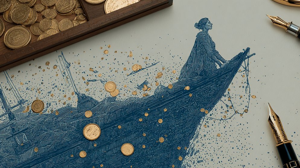 Illustration: A female figure clinging to a deep blue anchor.