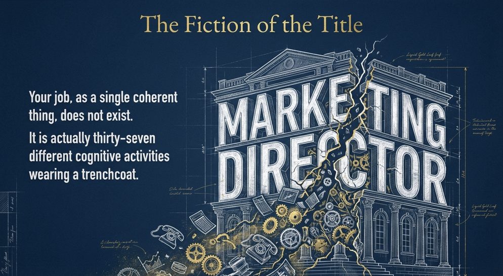 Infographic titled The Fiction of the Title: the words Marketing Director split apart, showing a job is thirty-seven different cognitive activities.