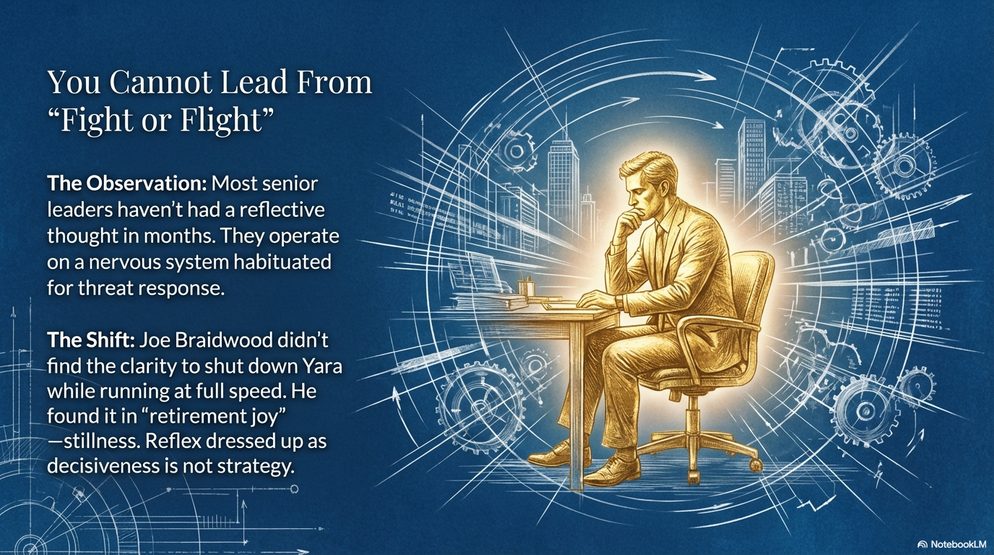 Infographic titled You Cannot Lead From Fight or Flight: a leader at a desk, on nervous systems habituated to threat response.