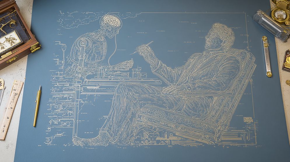 Illustration: A figure in deep blue handing their brain to a robot.