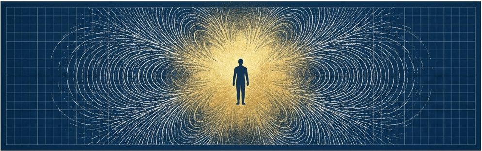 Illustration: a lone figure standing at the center of a field of radiating light lines.