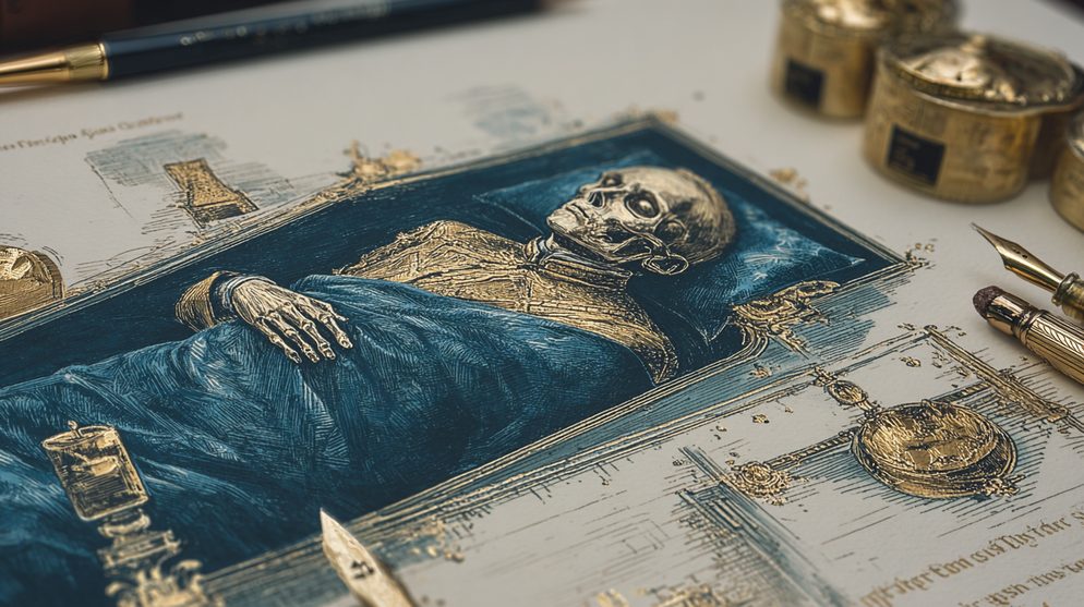 Illustration: A figure lying in a deep blue coffin.