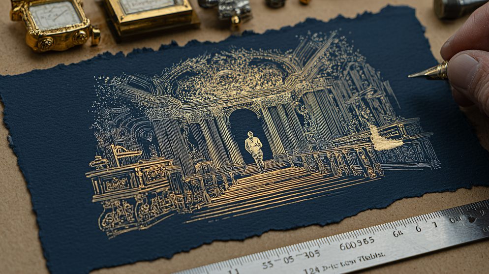 Illustration: A figure standing in the center of a magnificent golden hall.