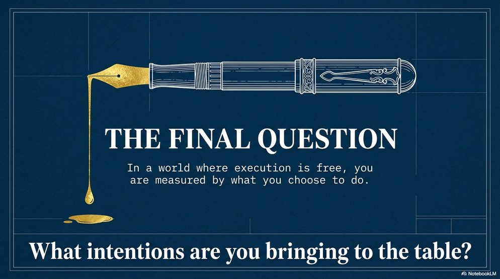 Infographic titled The Final Question: a fountain pen dripping gold, asking what intentions you bring to the table when execution is free.