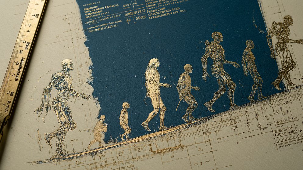 Illustration: A fork in the road, the left path showing humans shrinking.