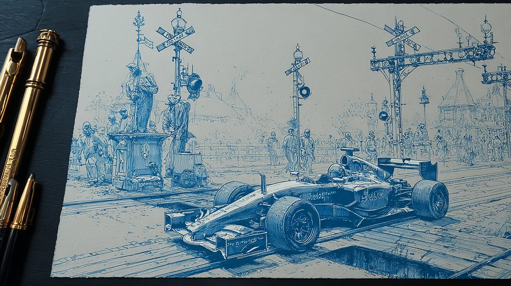 Illustration: A Formula 1 racing car impossibly mounted on old railway tracks.