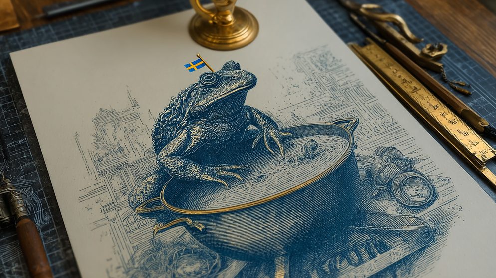 Illustration: A frog wearing a tiny Swedish flag pin.
