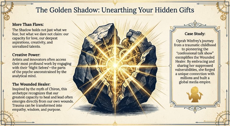 Infographic titled The Golden Shadow: a dark rock split open to reveal golden light, on unearthing your hidden gifts.