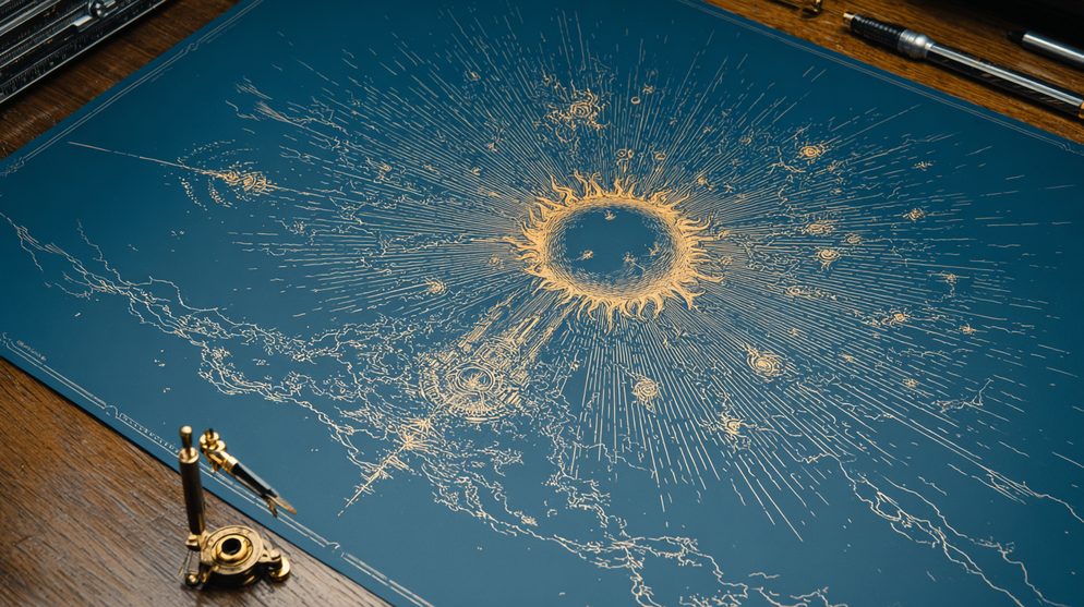Illustration: A golden sun or flame radiating light outward.