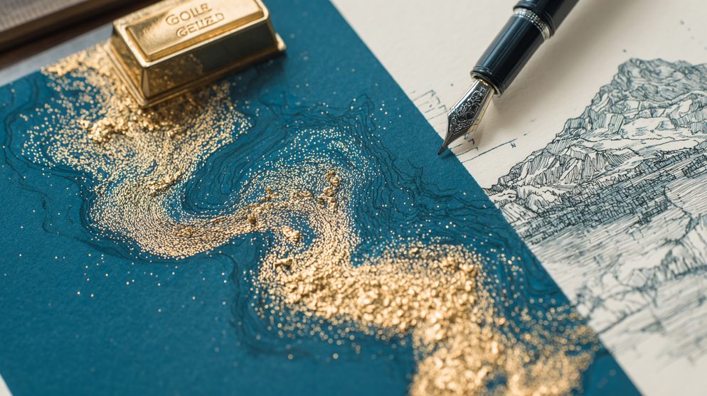 Illustration: Golden water in motion swirling spiraling dancing.