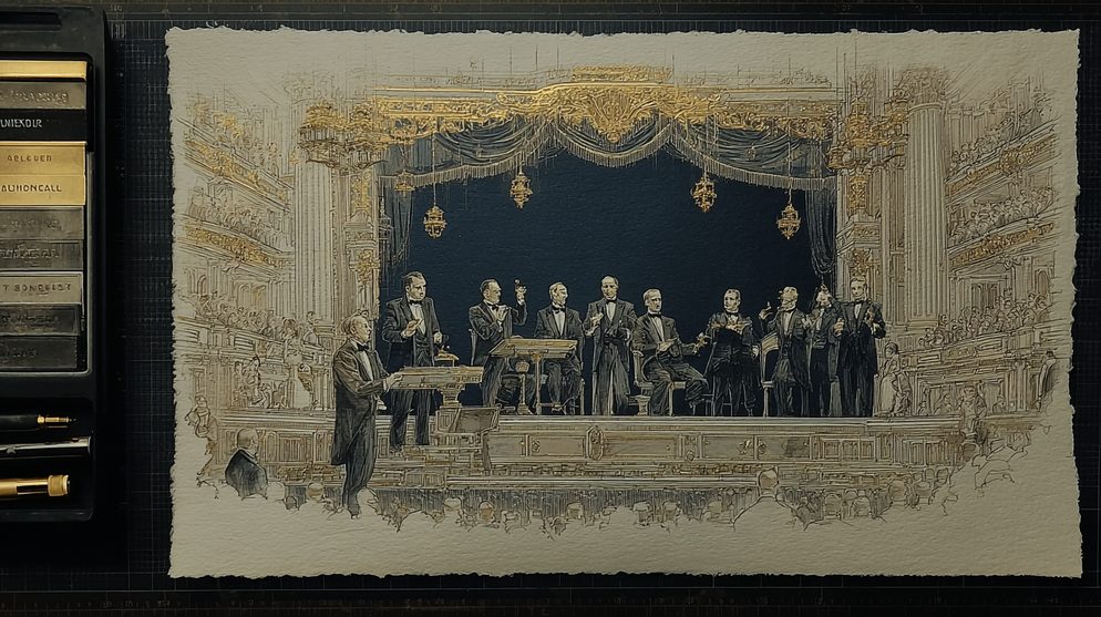 Illustration: A grand corporate theater stage with executives performing.