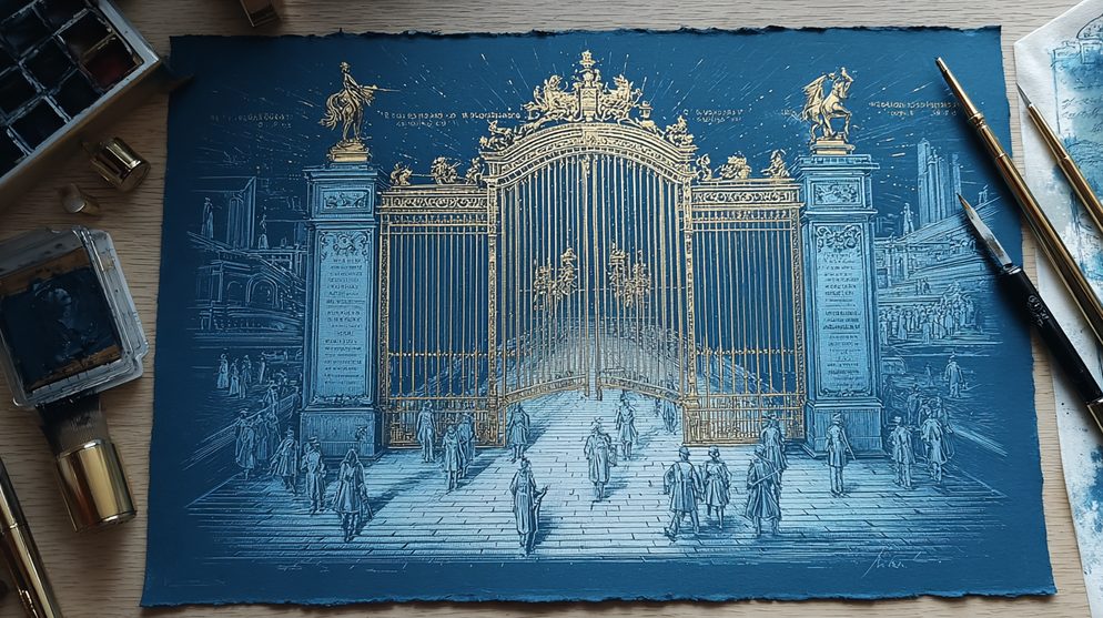 Illustration: A grand deep blue security gate with guards.