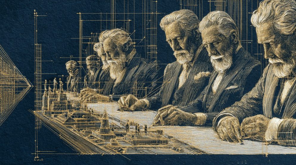 Illustration: A grand executive boardroom of silver-haired leaders.