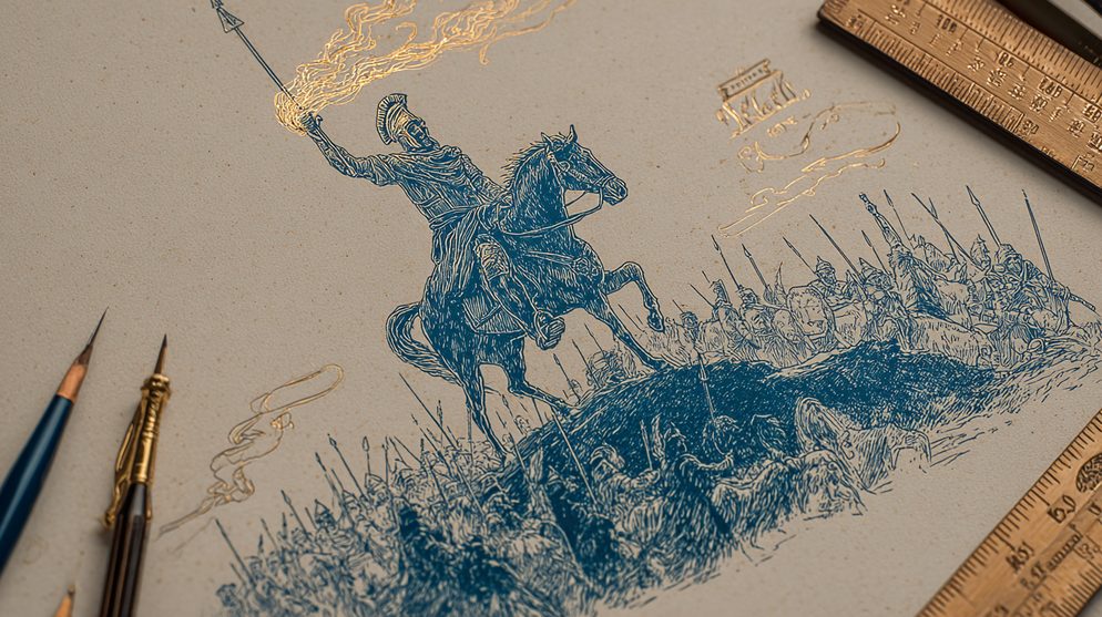 Illustration: A Greek strategos standing atop a mountain ridge.