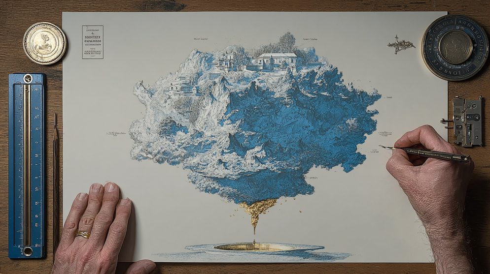 Illustration: Hands squeezing a sprawling deep blue mess of problems.