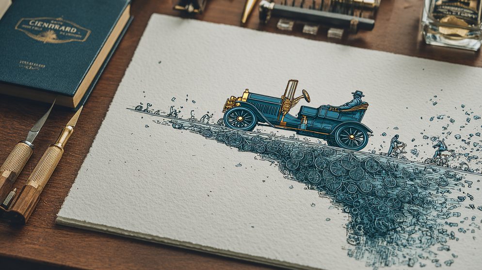 Illustration: Henry Ford in a golden Model T automobile driving.