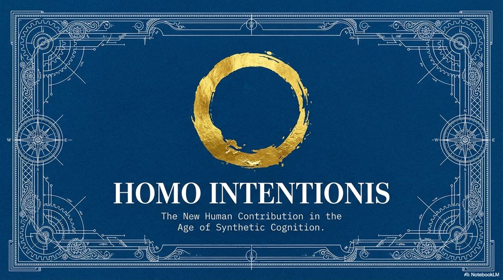 Infographic titled Homo Intentionis: a golden ring marking the new human contribution in the age of synthetic cognition.
