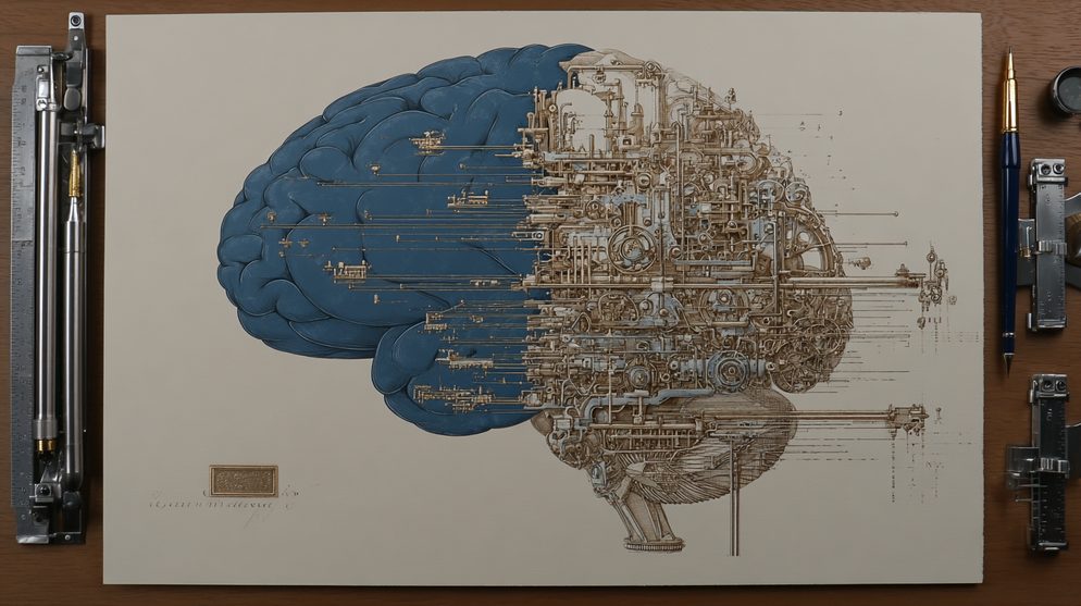 Illustration: A human brain split visually, one half deep blue.