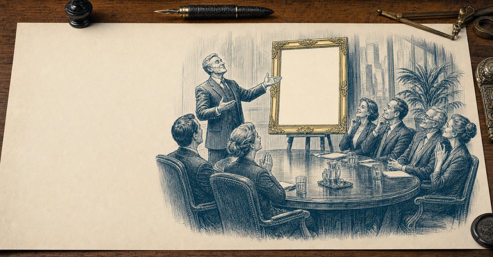 Illustration: a founder presents a blank gilded frame to an admiring boardroom.