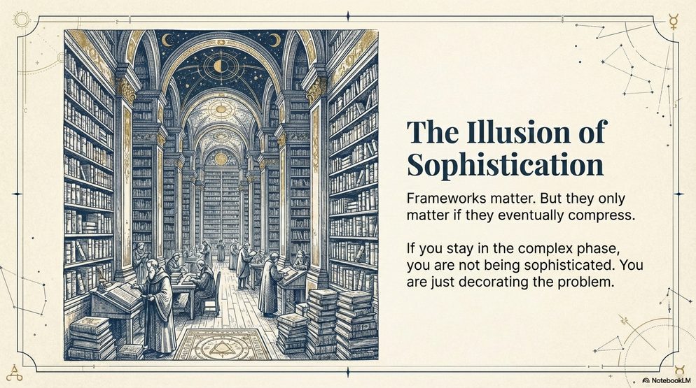 Infographic titled The Illusion of Sophistication: a library scene, frameworks matter only if they eventually compress.