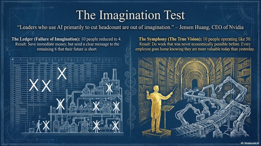 Infographic titled The Imagination Test: the ledger of cutting headcount versus the symphony of making every employee more valuable.