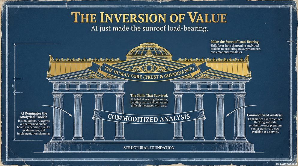 Infographic titled The Inversion of Value: a temple where the human core of trust and governance rests on commoditized analysis.