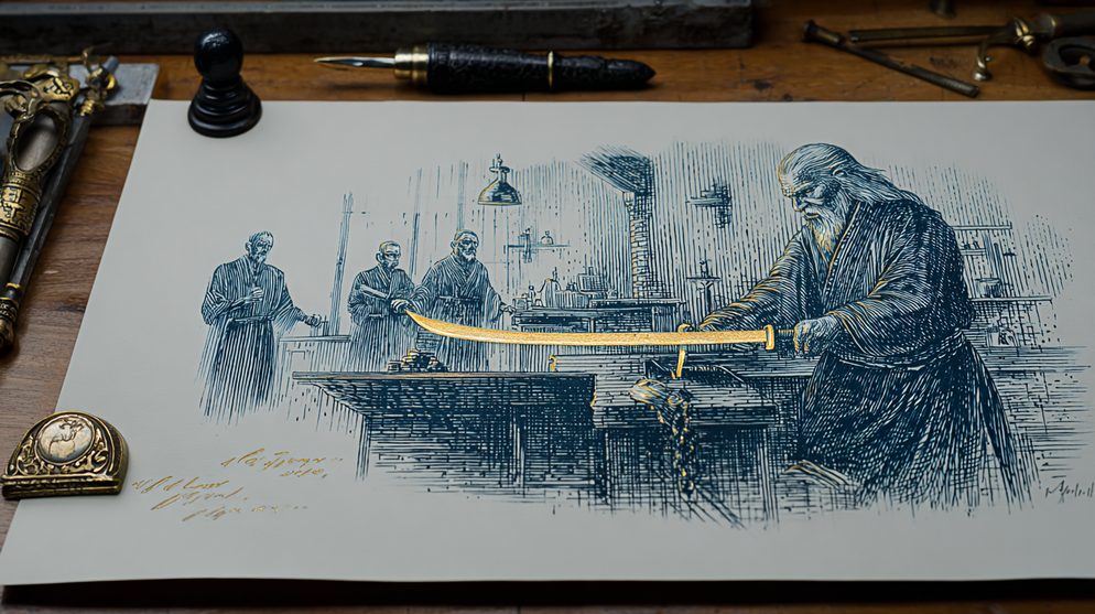Illustration: A Japanese swordsmith folding steel in golden light.