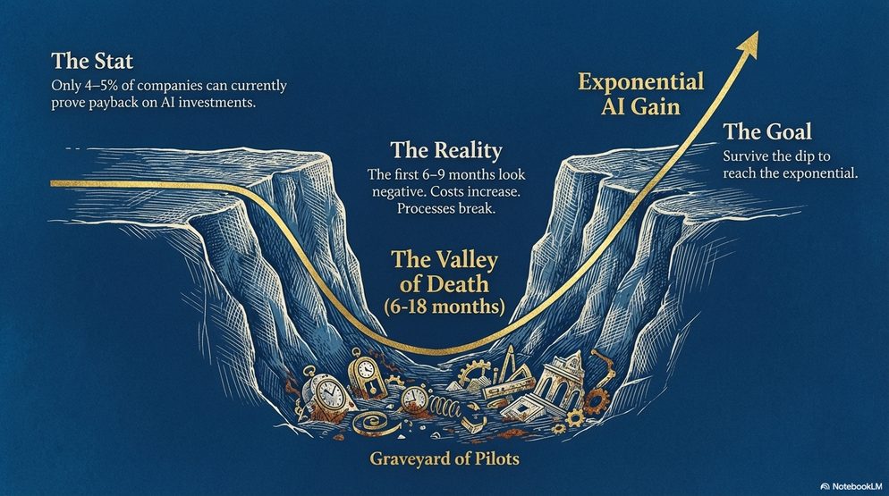 Infographic of the J curve: the valley of death between early losses and exponential AI gain, above a graveyard of pilots.